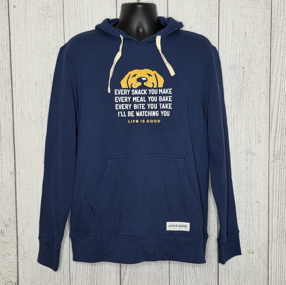 Life is Good Dog Hoodie Sweatshirt Mens Medium Navy Every Snack You Make Funny - Picture 1 of 7